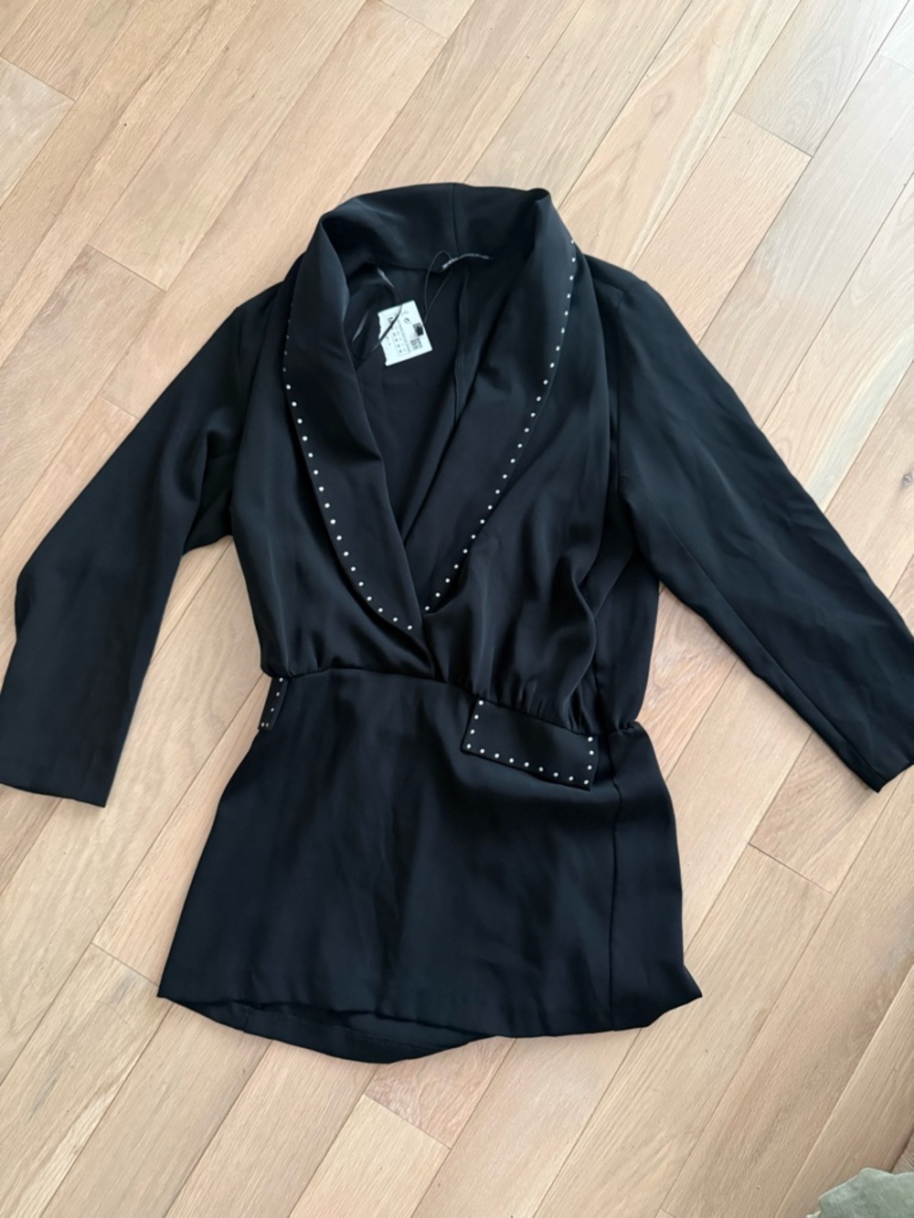 Black Stud-Trim Shawl Collar Women's Dress